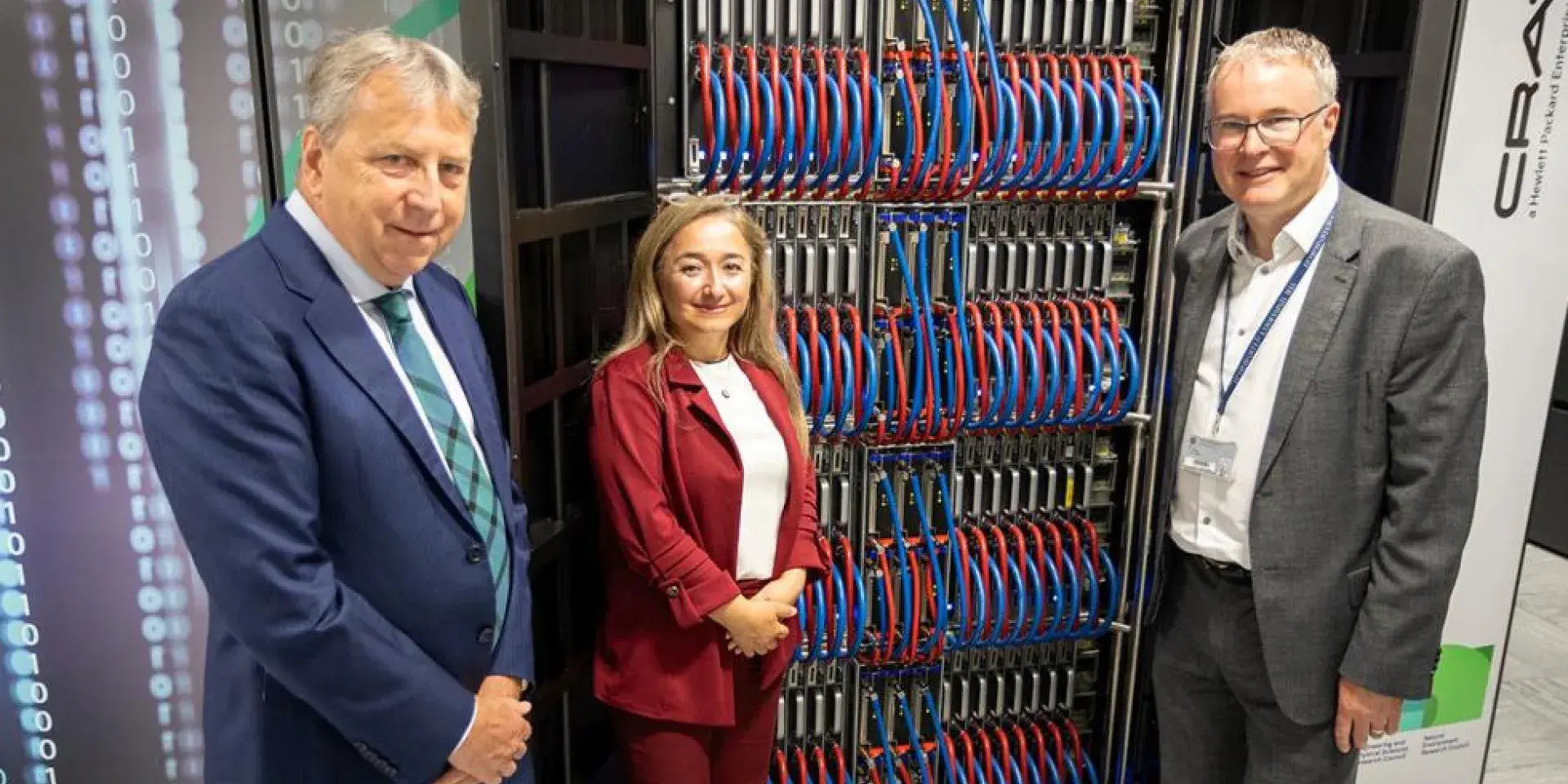 Prof. Sir Peter Mathieson, Principal of the University of Edinburgh, with Feryal Clark, Minister for AI and Digital Government, and Prof. Mark Parsons, Director of EPCC and Dean of Research Computing.