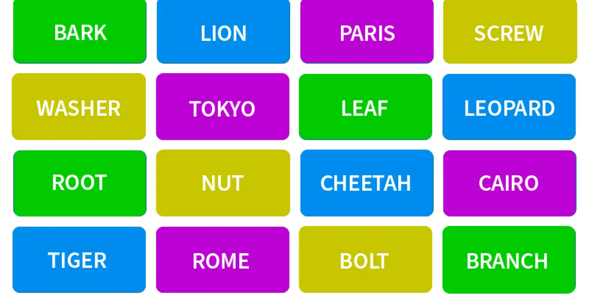4 columns and lines of words against a green, blue, purple and yellow background 