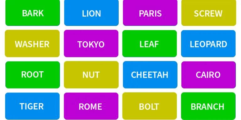 4 columns and lines of words against a green, blue, purple and yellow background 