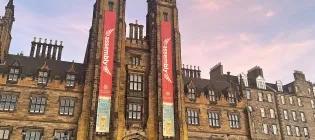 Assembly Hall in Edinburgh City Centre. Two banners are on the building for the Assembly at Edinburgh Fringe Festival 