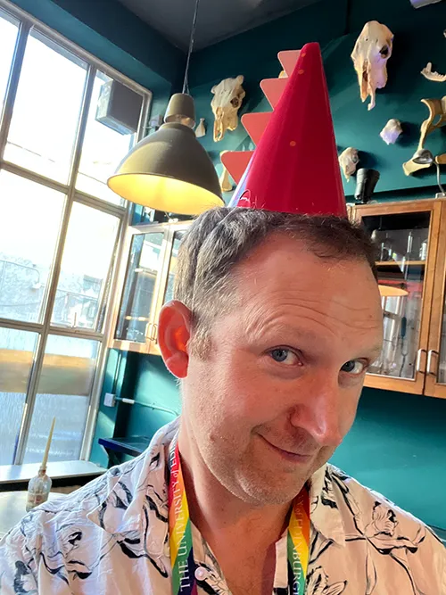 Jonathan McBride wearing a silly hat