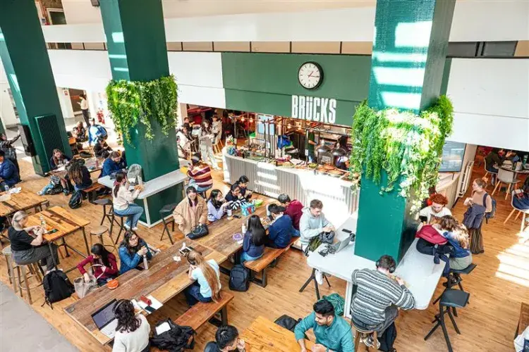 People sat in a busy cafe. On the wall it says Brucks 
