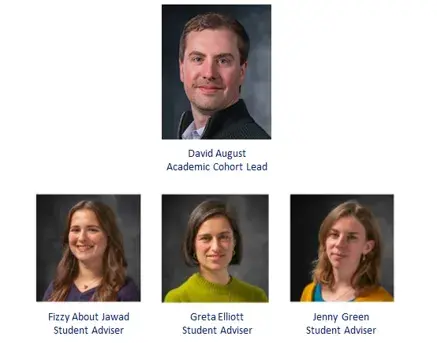 Head shots of Dr August, PGT Cohort Lead and Fizzy, Greta and Jenny, Student Advisers