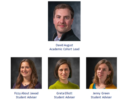 Head shots of Dr August, PGT Cohort Lead and Fizzy, Greta and Jenny, Student Advisers
